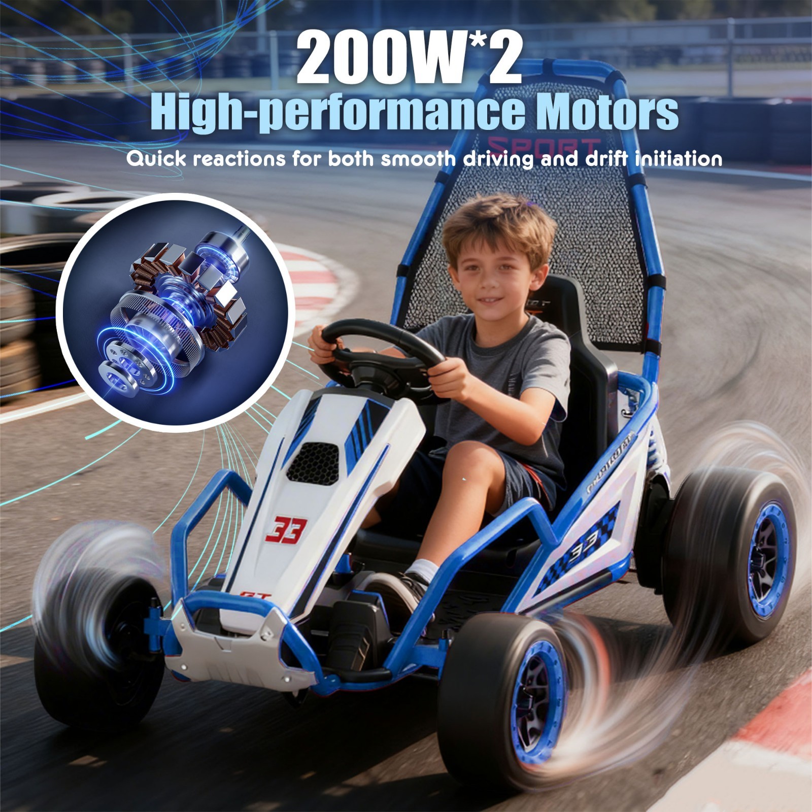 24V Kids Electric Go Kart 7AH Electric Drift Kart Car for Age 6+,400W Motor,Blue