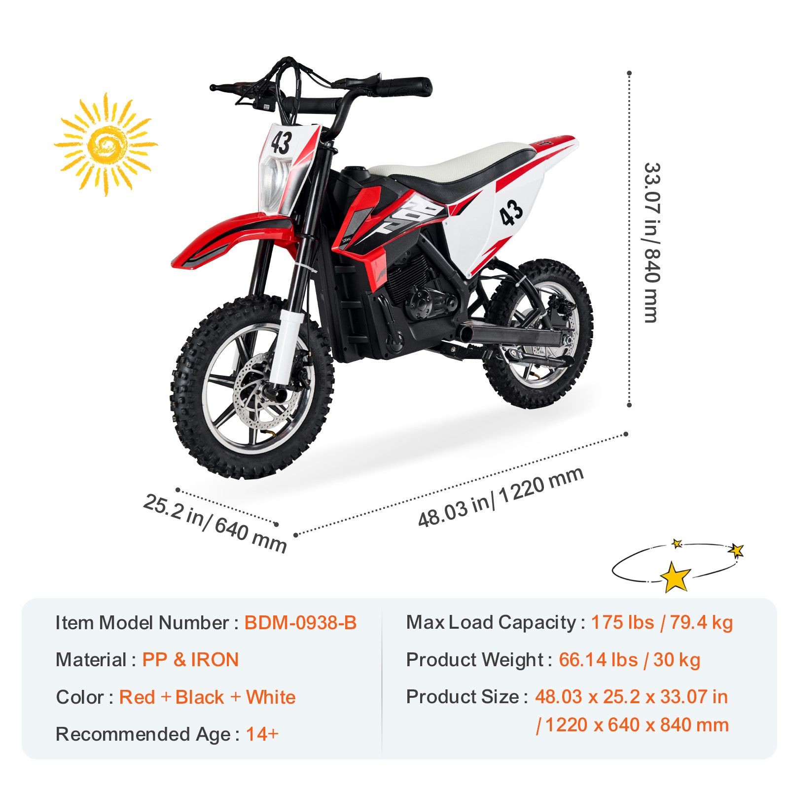 Motorcycle 36V, 15.5mph, Dual Brake, Treaded Tires, Compact Design