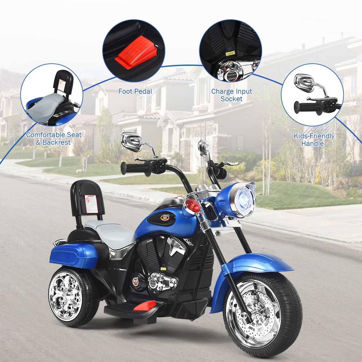 6V Kids Ride On Chopper Motorcycle Toddler 3 Wheel Trike w/ Light & Horn Blue