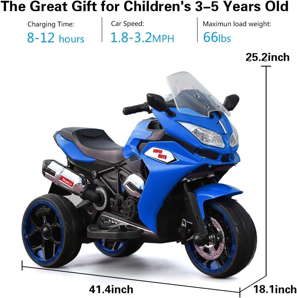 12V Kids Electric Motorcycle 3-5KM/H 3-6 Years Old (43-55 in),Blue