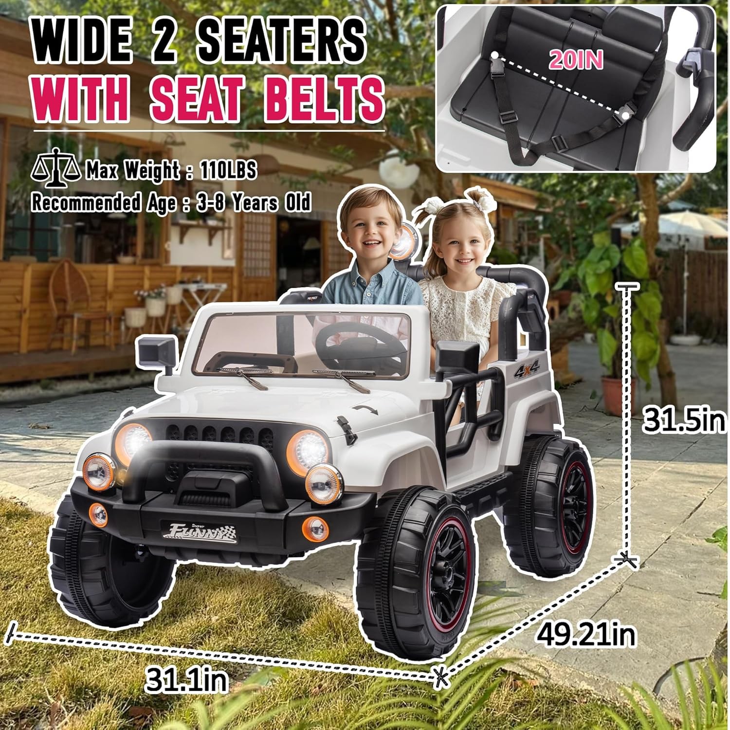 24V 2 Seaters Kids Ride on Truck Electric Car Toys with Remote 20in Width Seat