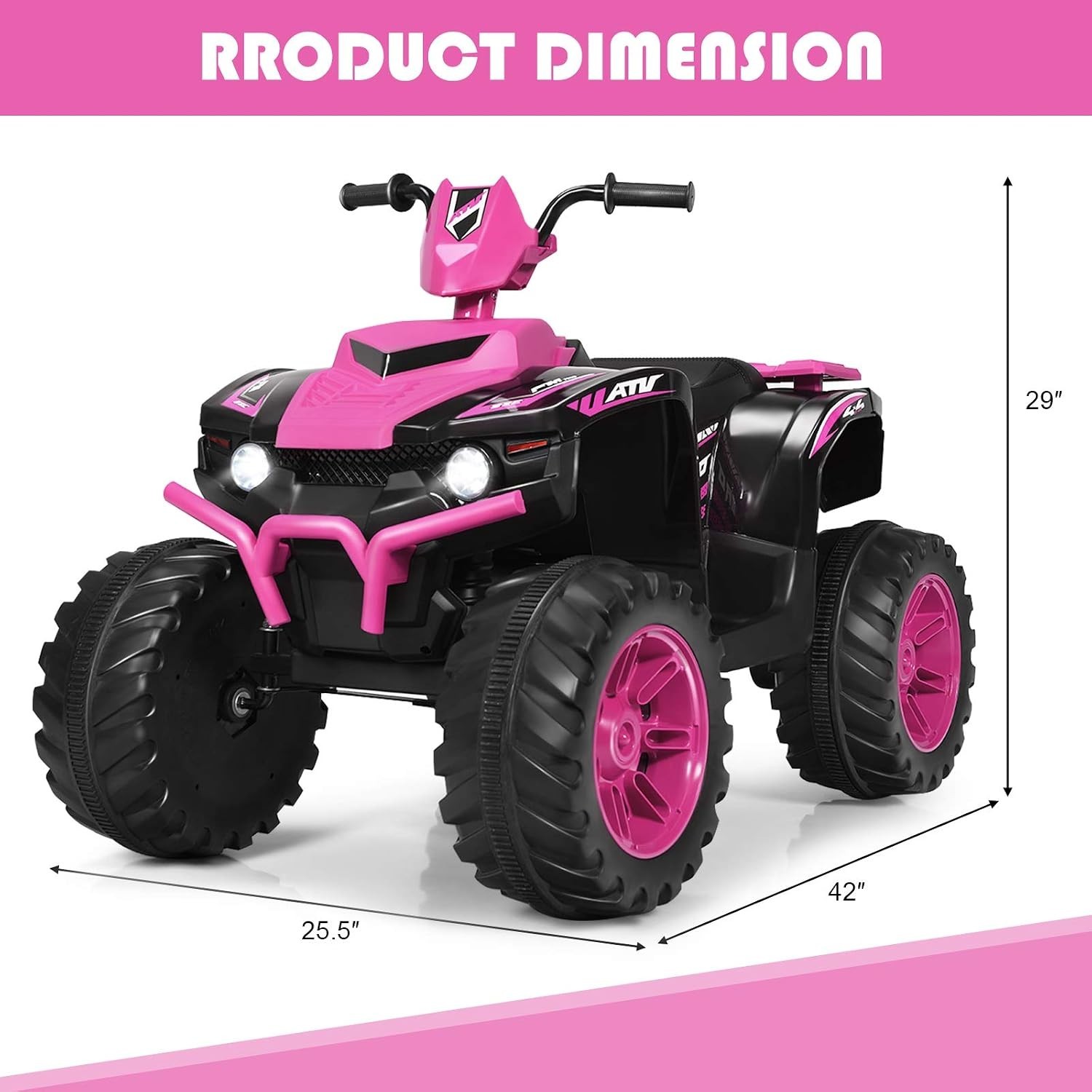Pink Kids 12V Electric Quad with All Terrain Tread Tires and Fun Features