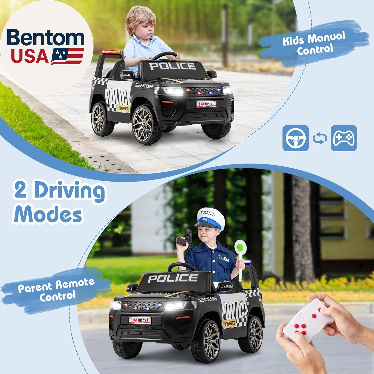 Police Car Ride On, 12V Battery Powered Toy Cop Cars W/Remote Control, LED Flash