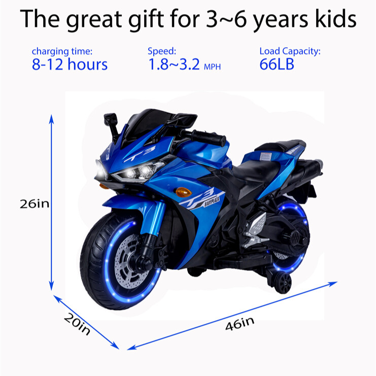 12V Kids Motorcycle Ride On Toy w/ Training Wheels 1.8~3.2 mph for kids 3-6 Blue
