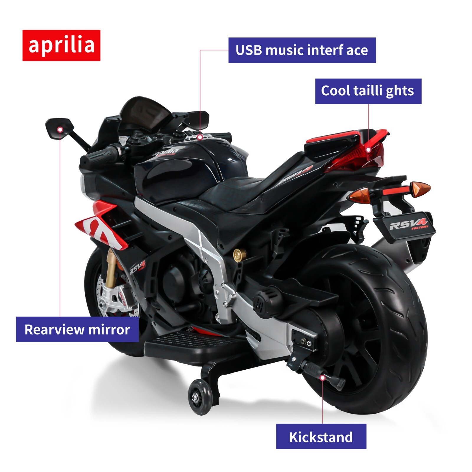 Black 24V Kids Electric Motorcycle 12mph Dirt Bike Ride on Toy w/ 250W Motor LED