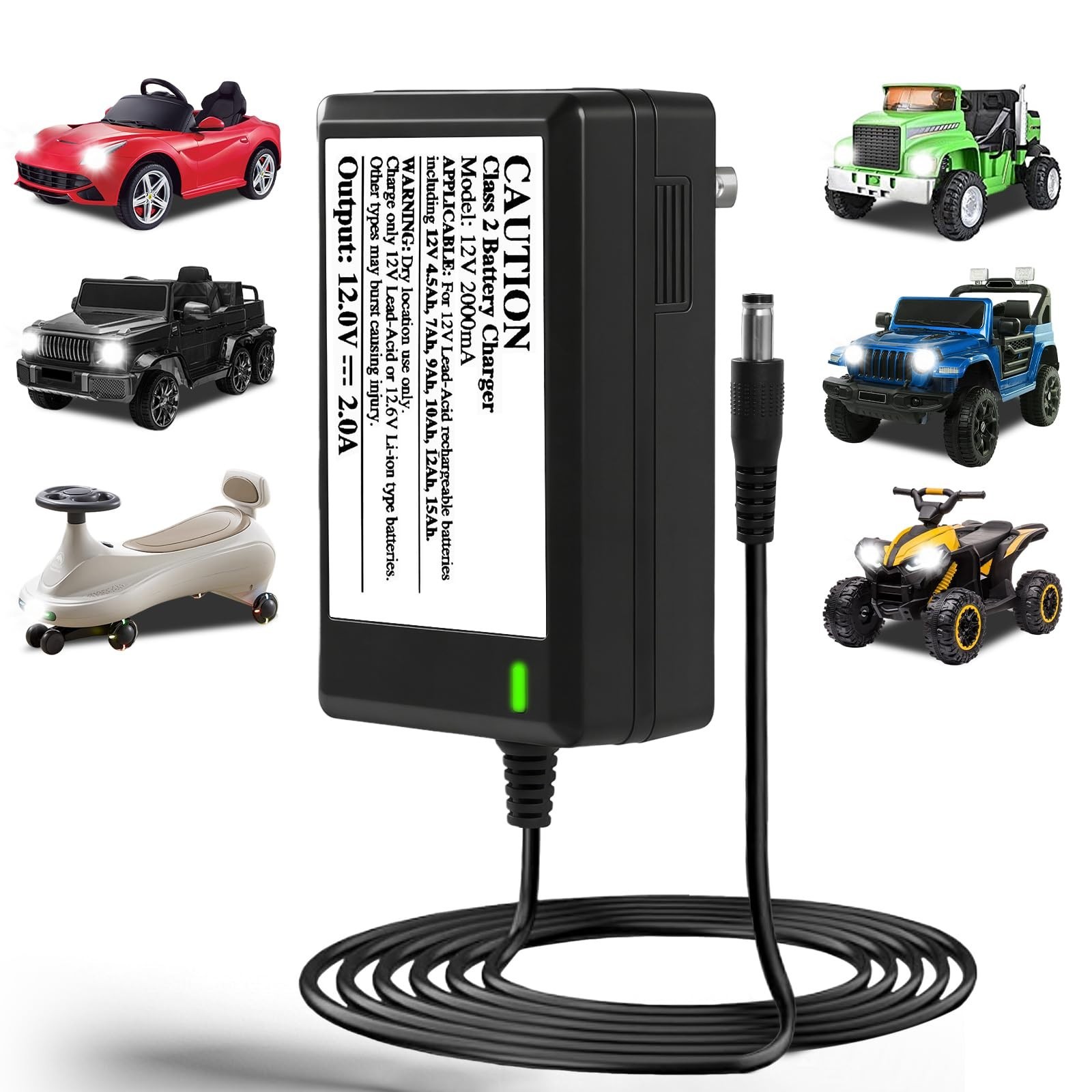 12V Battery Charger for Kids Ride-On Toys, Universal Power Supply, 6ft Cord, ETL