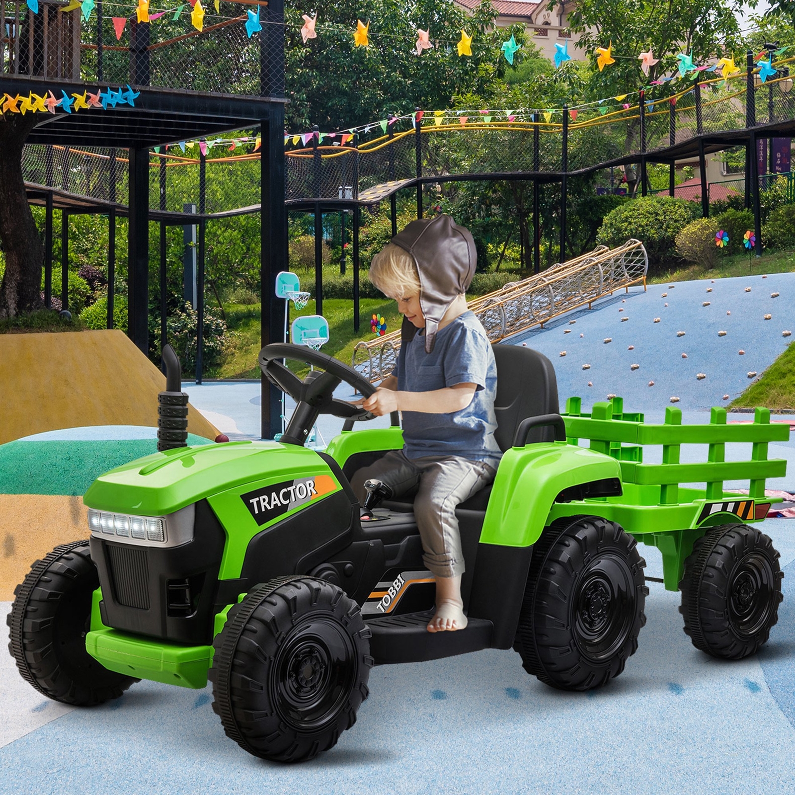 12V Kids Electric Battery Powered Ride On Tractor Toy w/ Trailer Remote Control