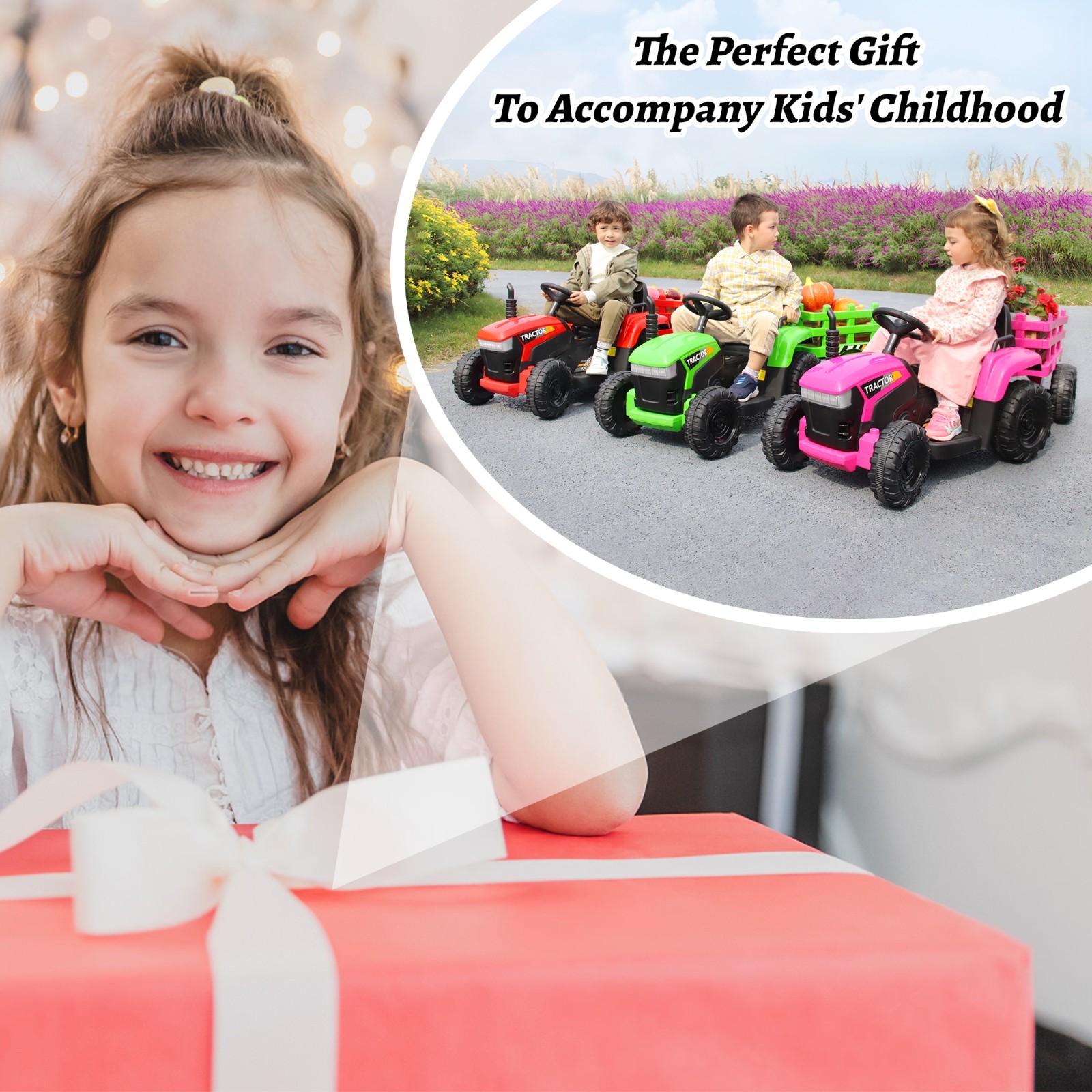 TOBBI 12V Battery-Powered Tractor Kids Ride-On Cars Electric Vehicle w/ Trailer