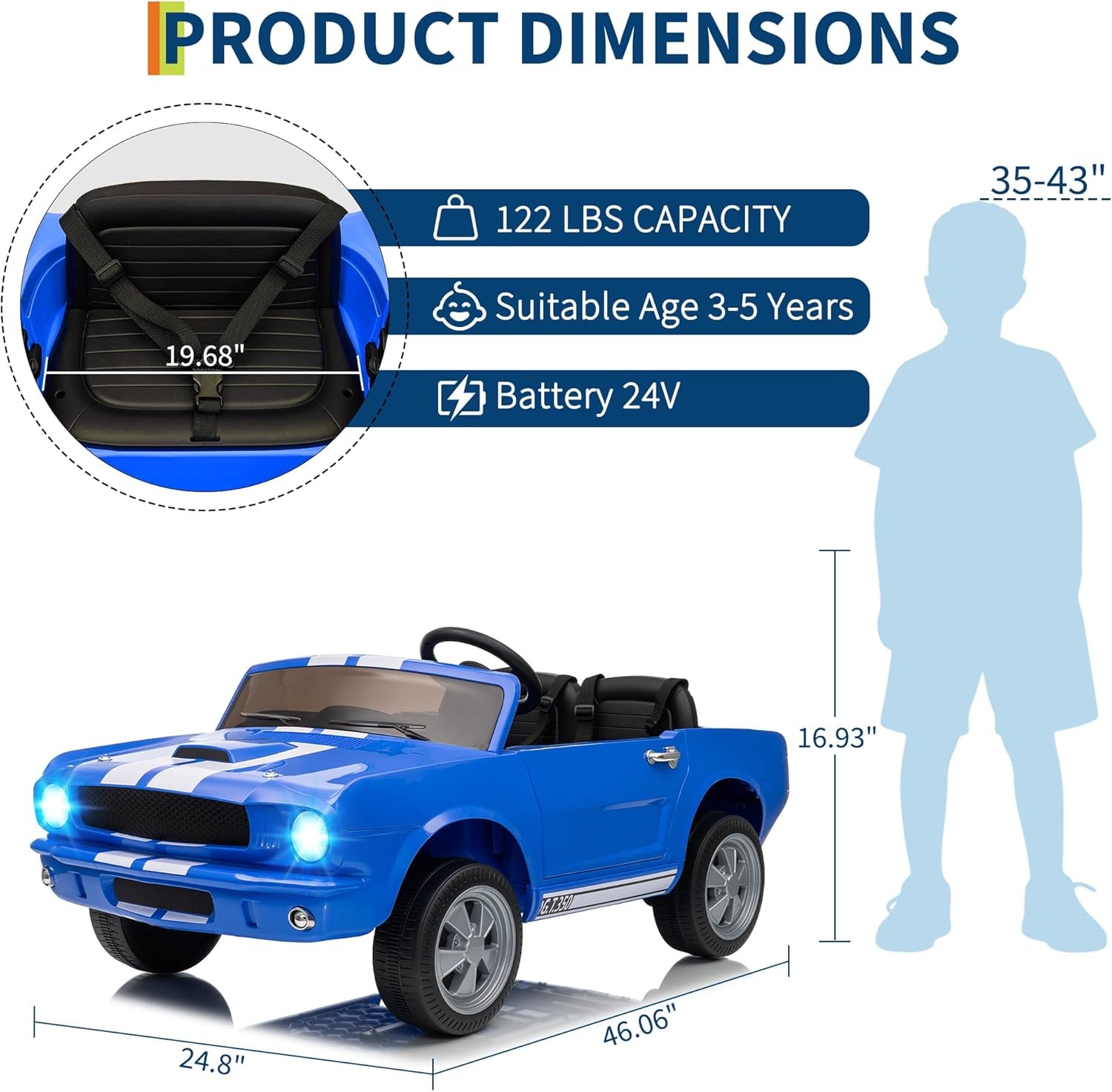 Kids Electric 24/12V Wheeler Car Ride on Toy Licensed Shelby GT350 w/ Remote Toy