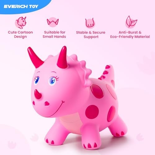 Pink Triceratops Bouncy Hopper Toy – Ride-On Inflatable for Kids 2-5, Indoor/Out
