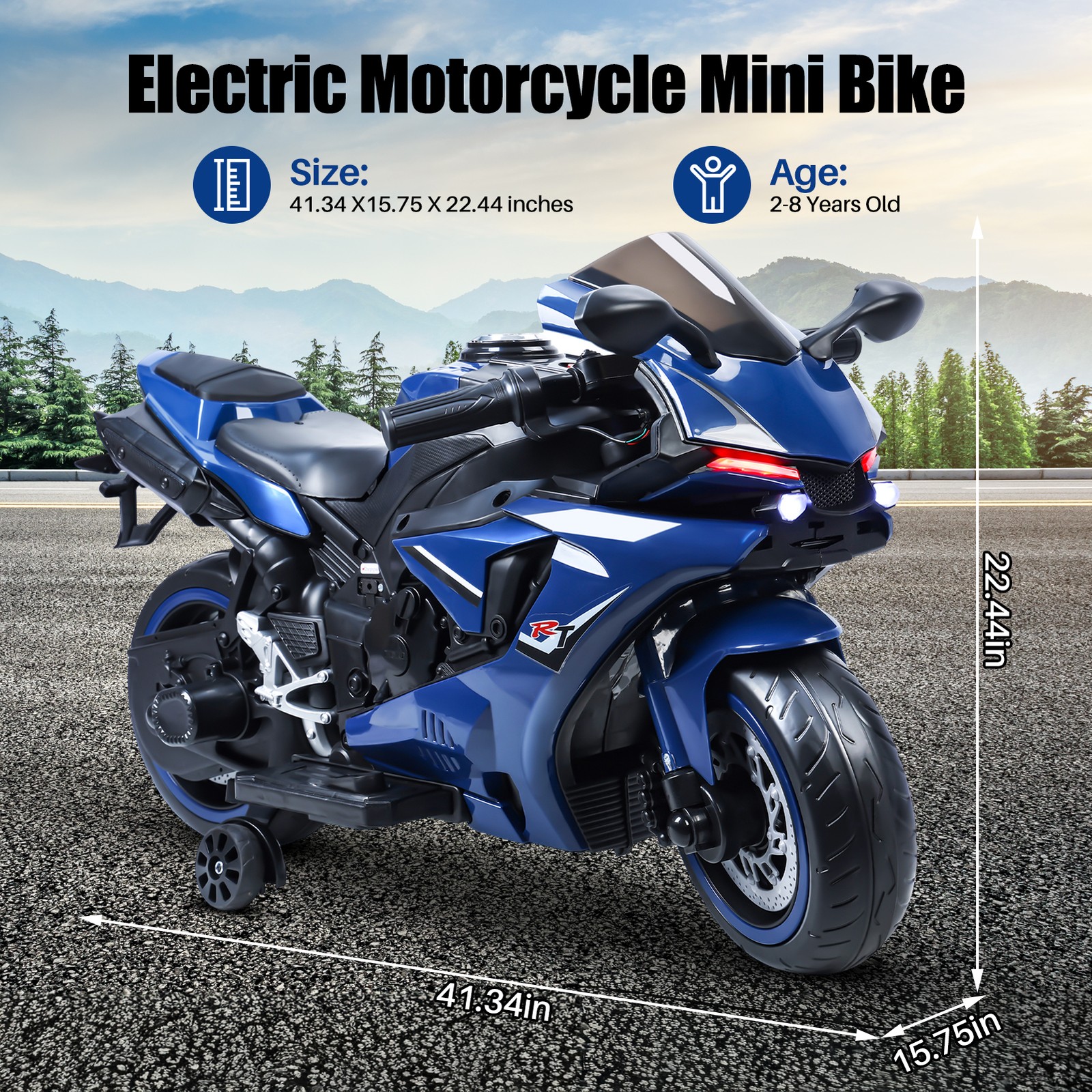 12V Electric Motorcycle for Kids 2-8 Years Dual Motors LED Lights 9mph 41.3in
