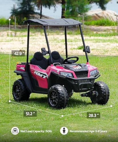 Hot Pink 24V Ride on Toy for Big Kid – 2 Seater – Sun Shade – Dump Bed
