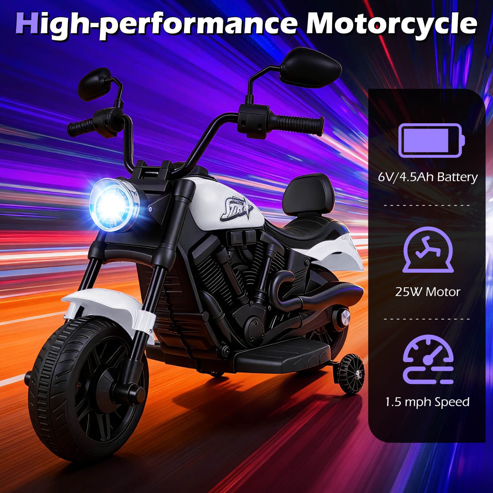 Kids Motorcycle w/Headlight, Music, Training Wheels, Foot Pedal for Boys Girls