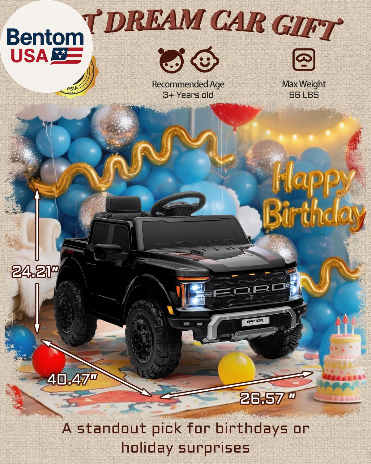 12V Licensed Ford F-150 Raptor Kids Ride on Toy, Ride on Truck with Parent Remot
