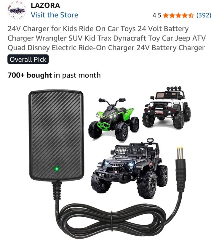 24V Charger for Kids Ride-On Car Toys – Wrangler SUV Jeep ATV Quad