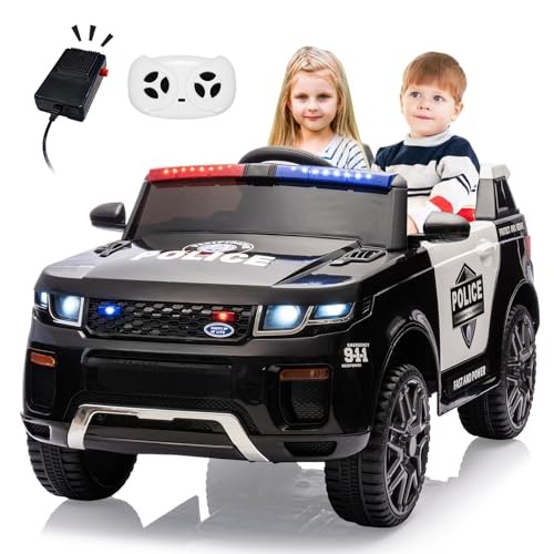 Black 12V Kids Ride-On Police Car with Remote Control – Electric Car for Kids