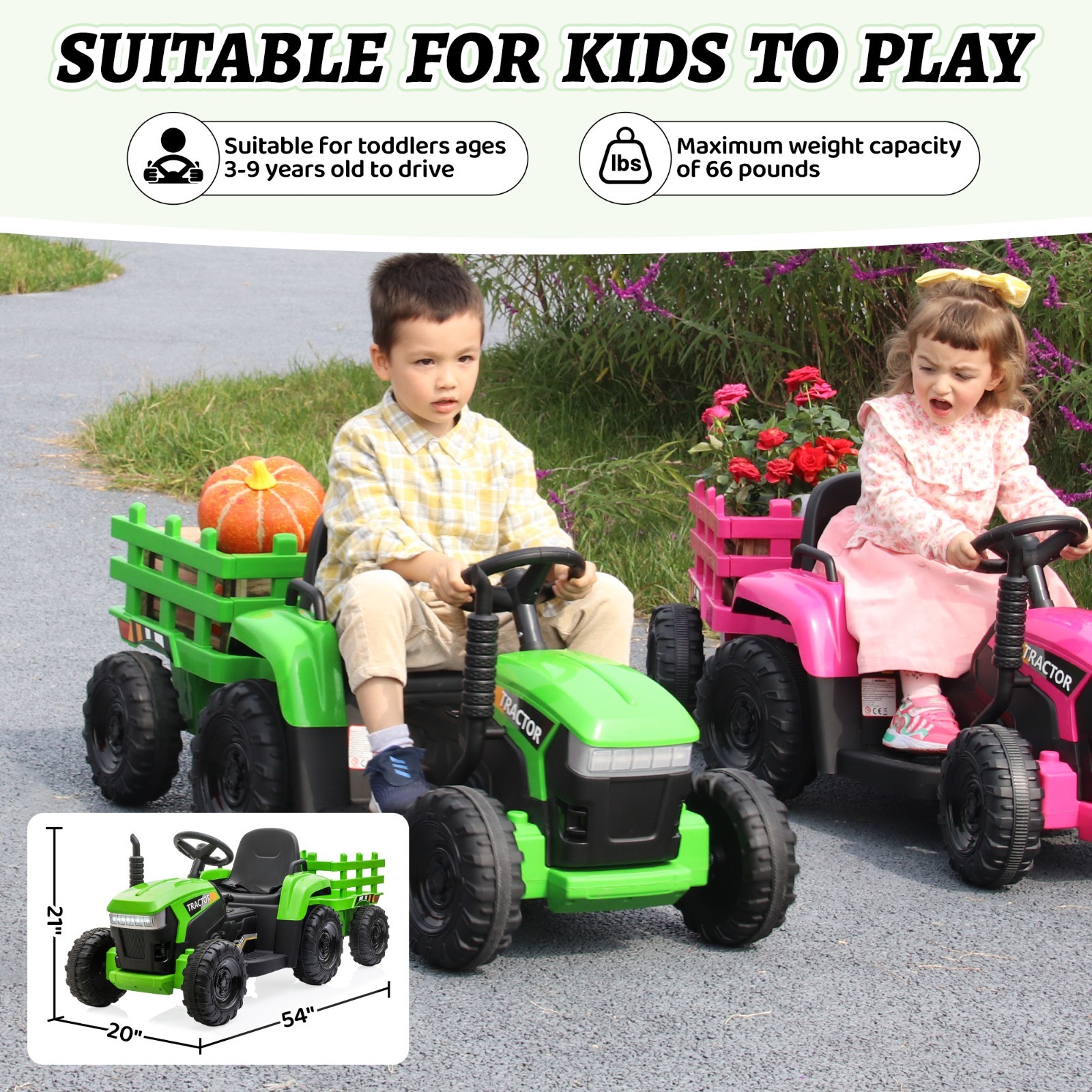 TOBBI 12V Battery-Powered Tractor Kids Ride-On Cars Electric Vehicle w/ Trailer