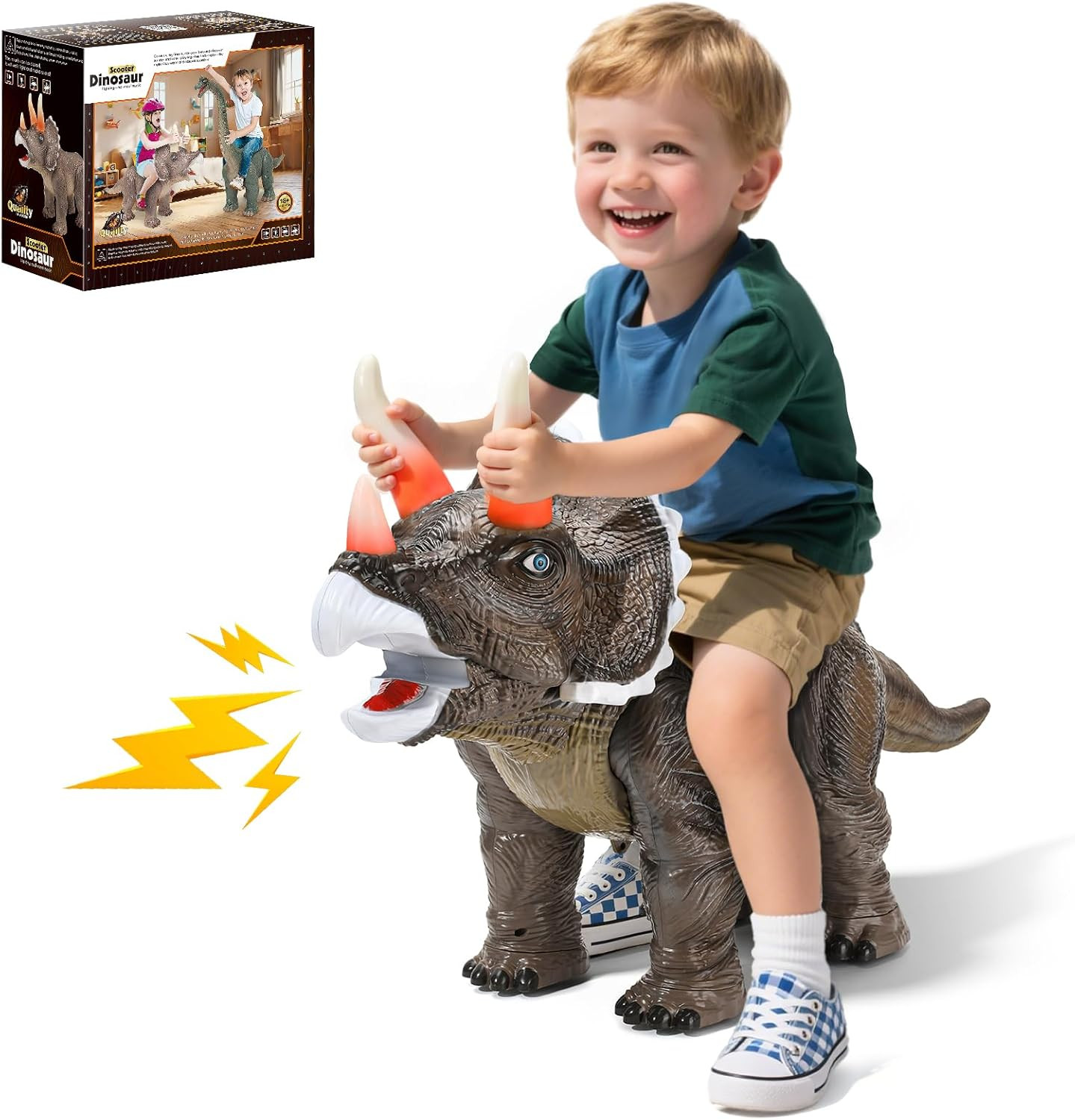 Dinosaur Ride on Toy Cars for Kids, Realistic Triceratops Push Car with Three So