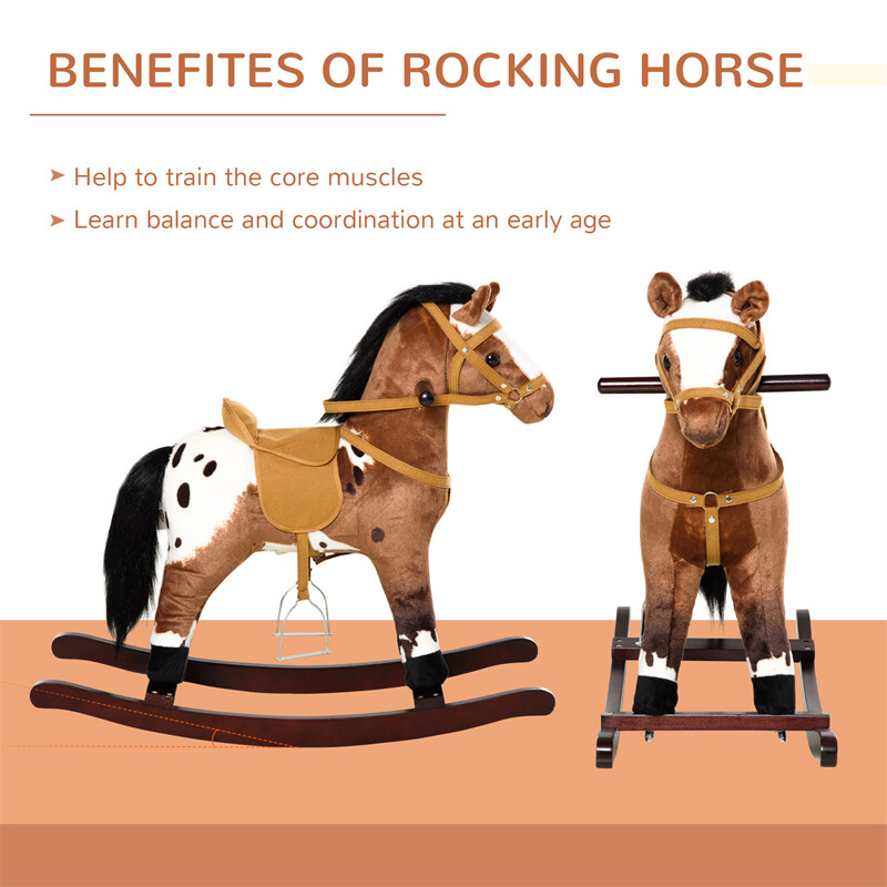 Kids Metal Plush Ride-On Rocking Horse Chair Toy w/ Sounds – Dark Brown/White