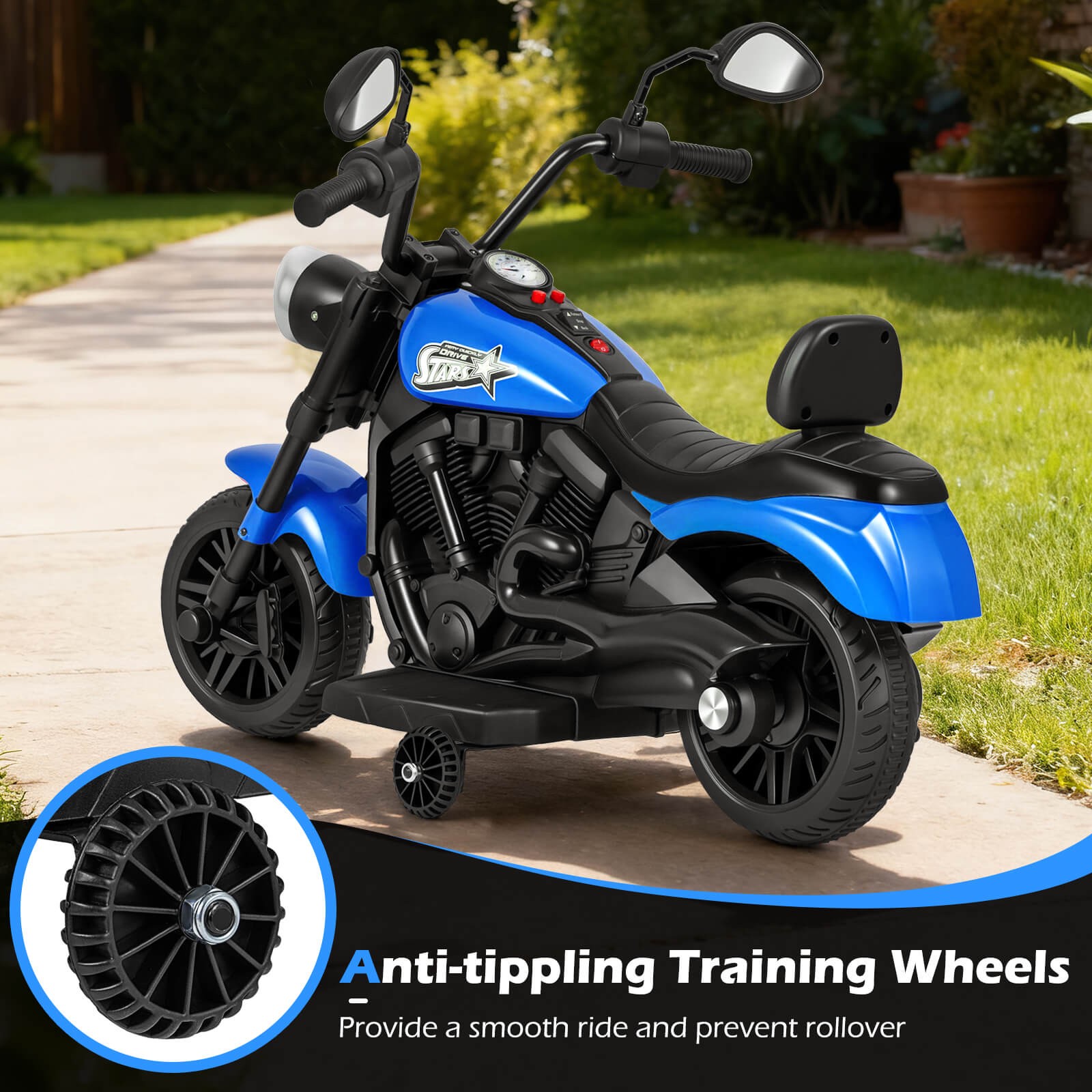 Kids Motorcycle w/Headlight, Music, Training Wheels, Foot Pedal for Boys Girls