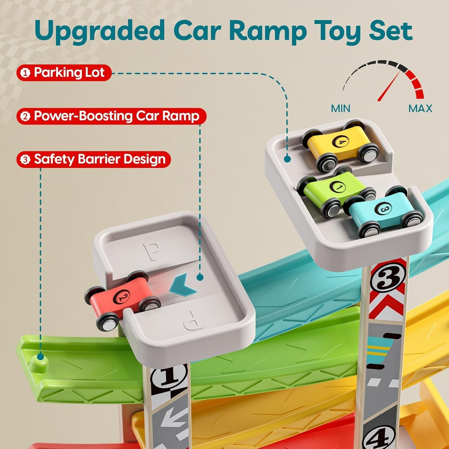 4-Car Wooden Race Track with Parking Lot: Ideal Gift for Toddlers 2-4