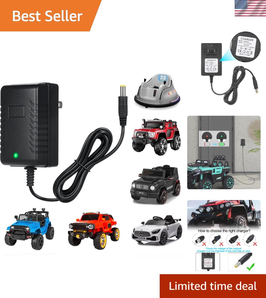 Fast Charging 12V Kids Battery Charger for Popular Ride-On Toys – 5 Ft Cable