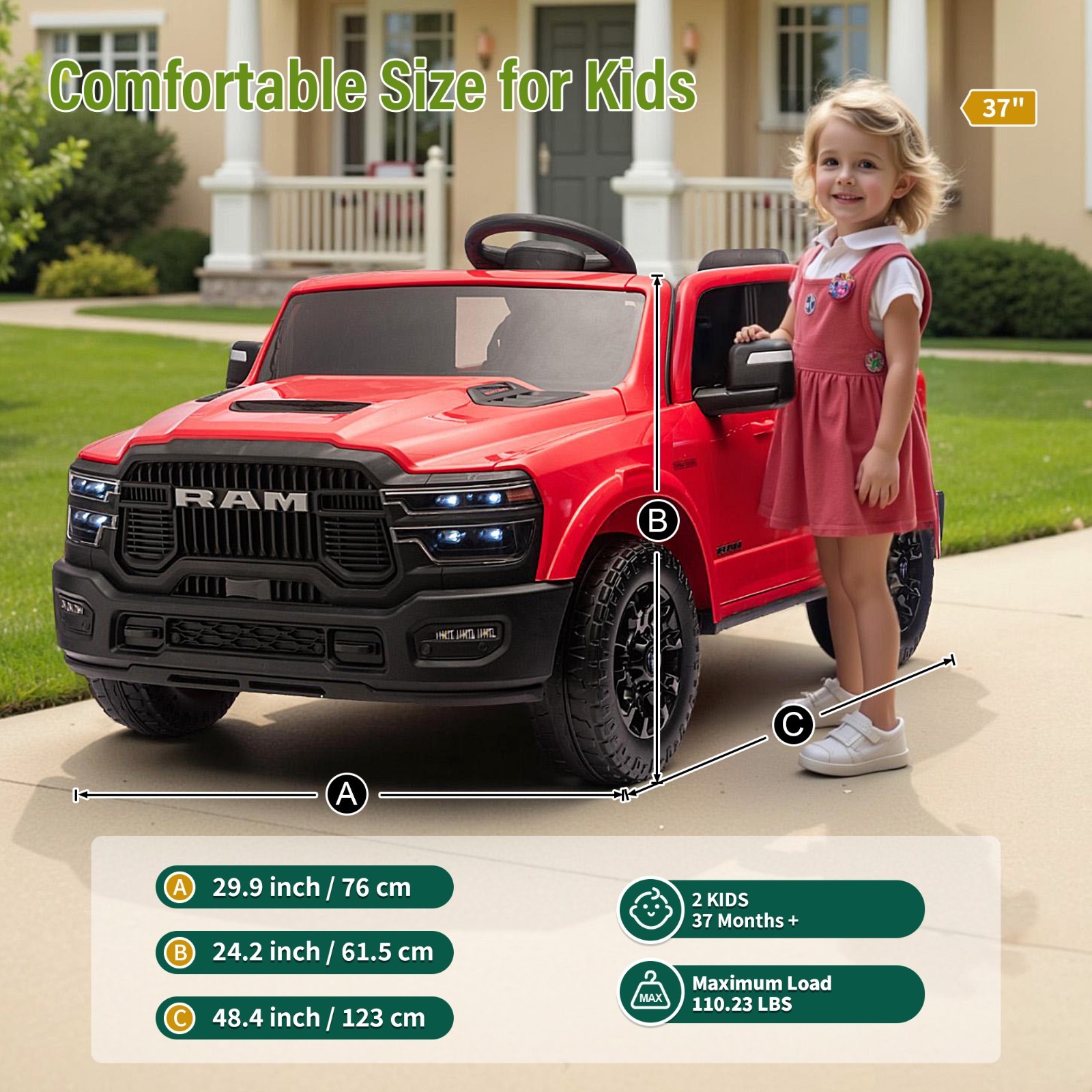 24V Kids Electric Car 2 Seater Ride on Truck w/Remote,Power Wheels Toys, Red