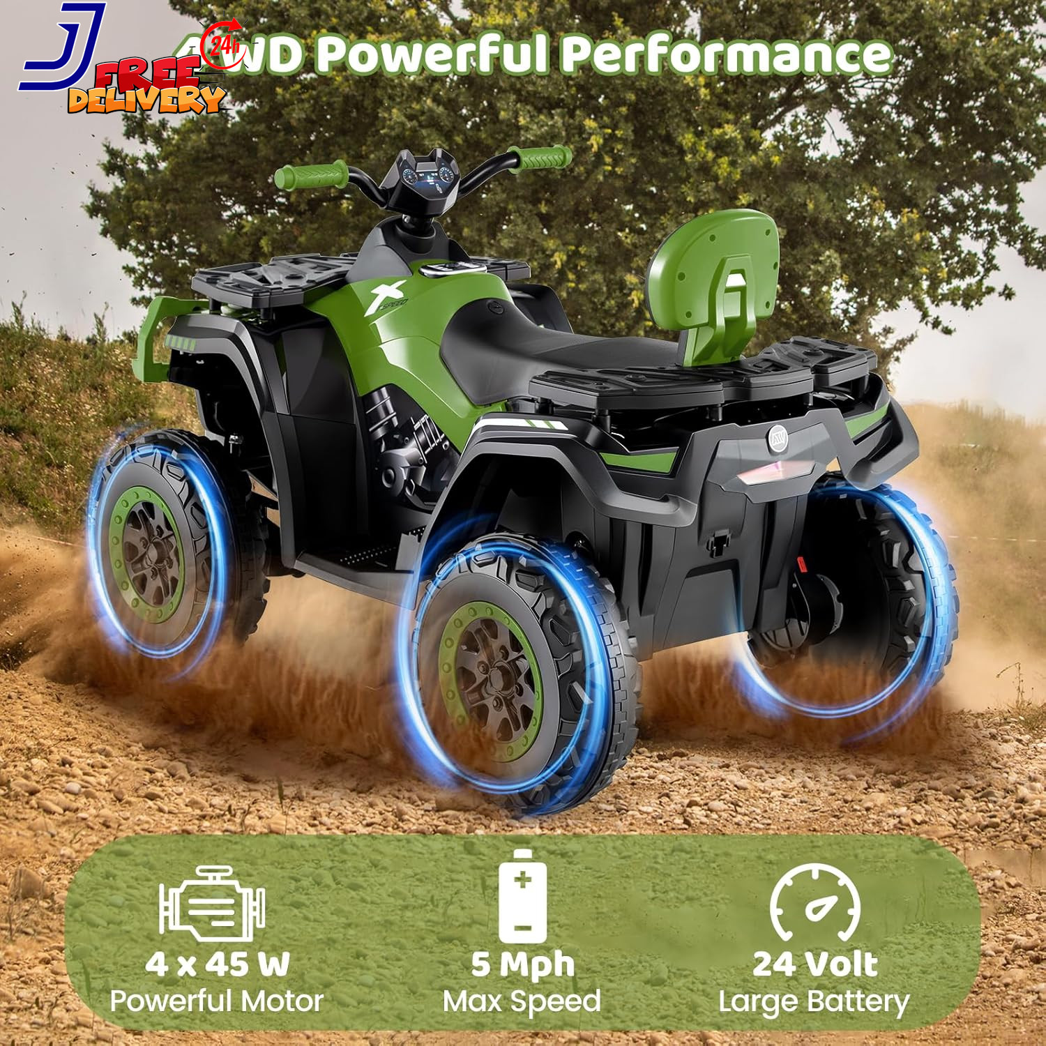24V 2 Seater Ride on ATV, 4WD Motor, 5Mph Max Speed, Bluetooth, 4 Wheeler Off-Ro