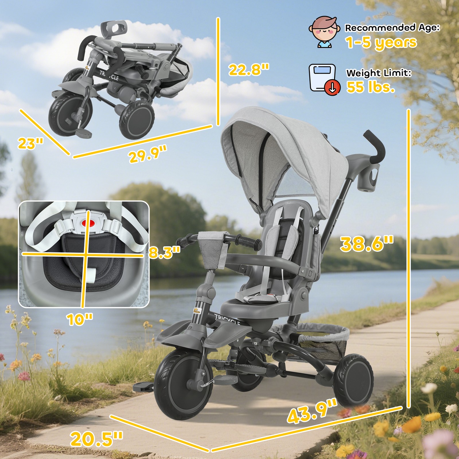 6 in 1 Kids Tricycle with Adjustable Push Handle for 1-5 Years, Gray