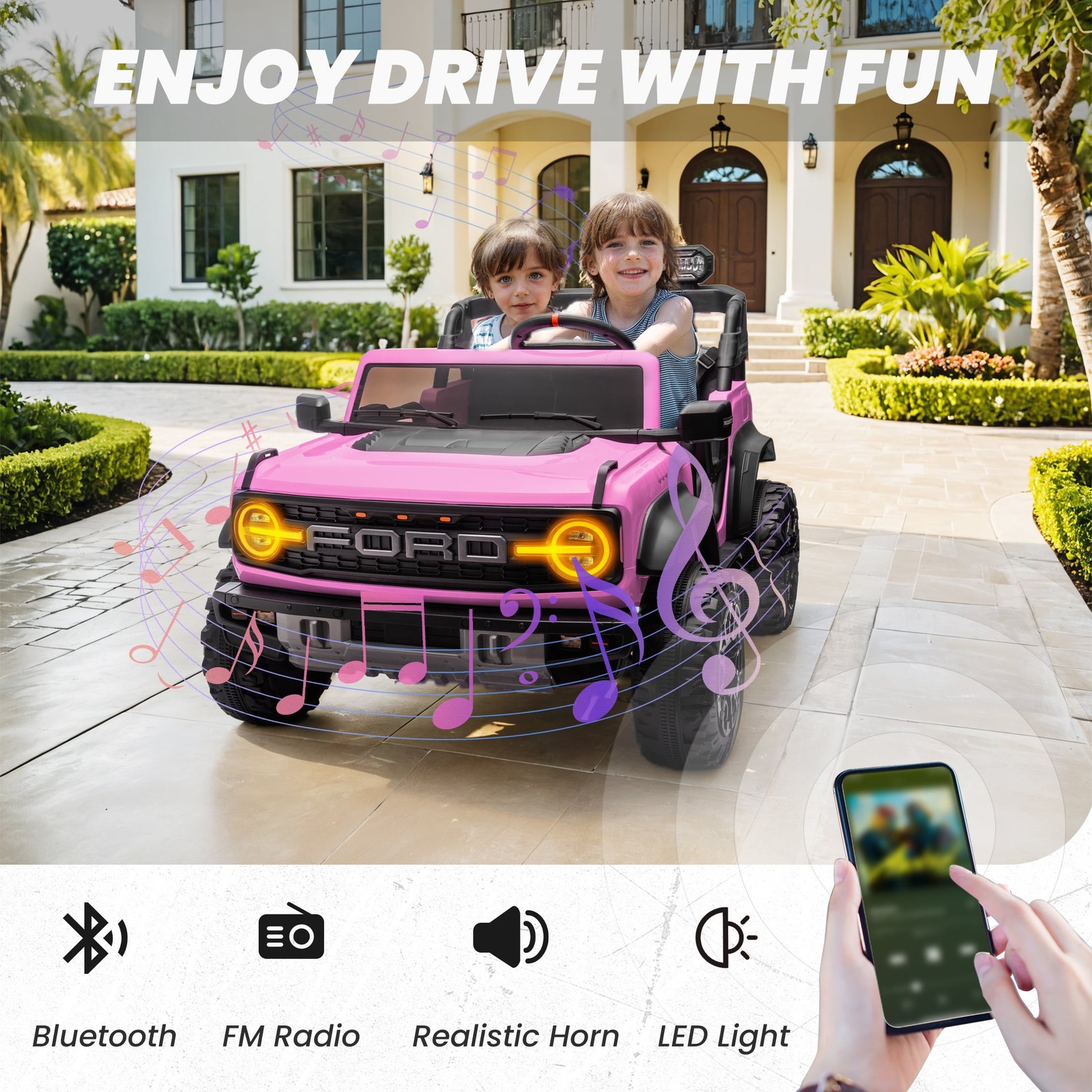 Licensed Ford Bronco Raptor 24V Ride-On Car with Remote, Bluetooth, Pink