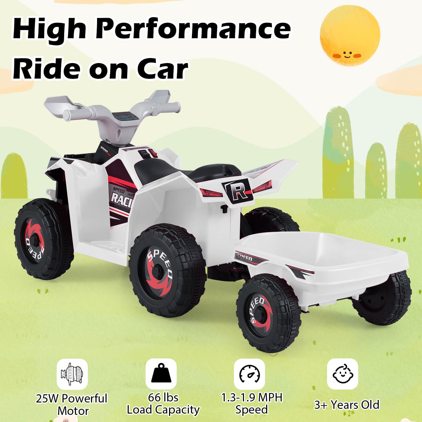 Kids Electric ATV Car, 6V Battery-Powered Ride on Toy w/Removable Back Trailer