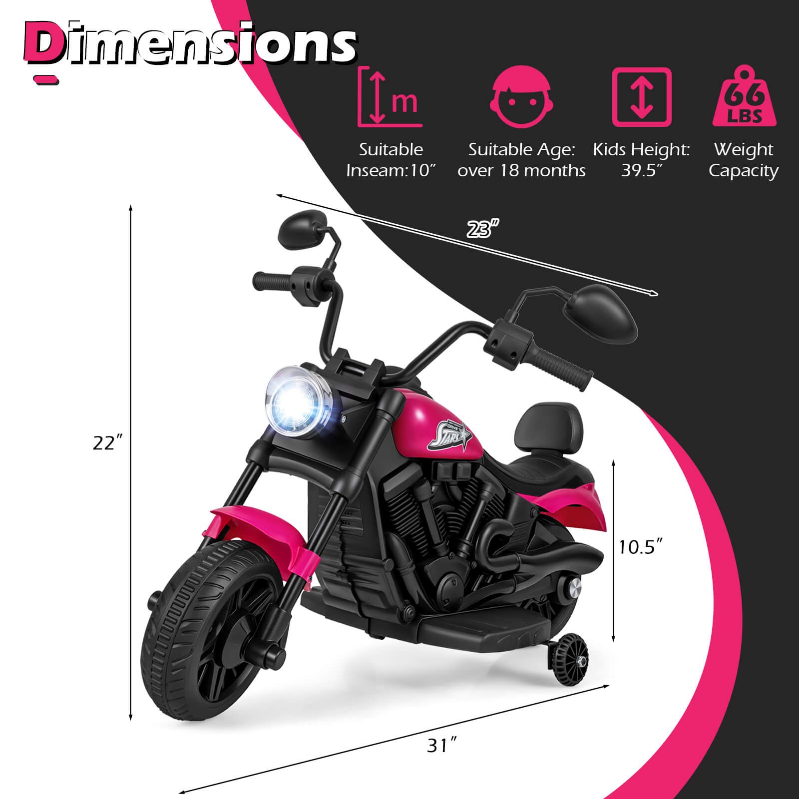 Kids Motorcycle w/Headlight, Music, Training Wheels, Foot Pedal for Boys Girls