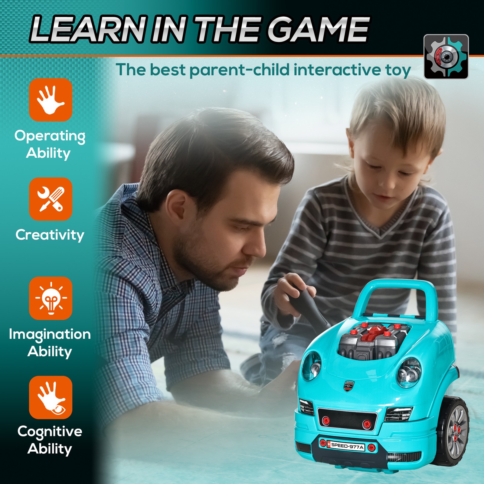 Mechanic Kids Truck Engine Toy Set, Car Service Play Set, Teal
