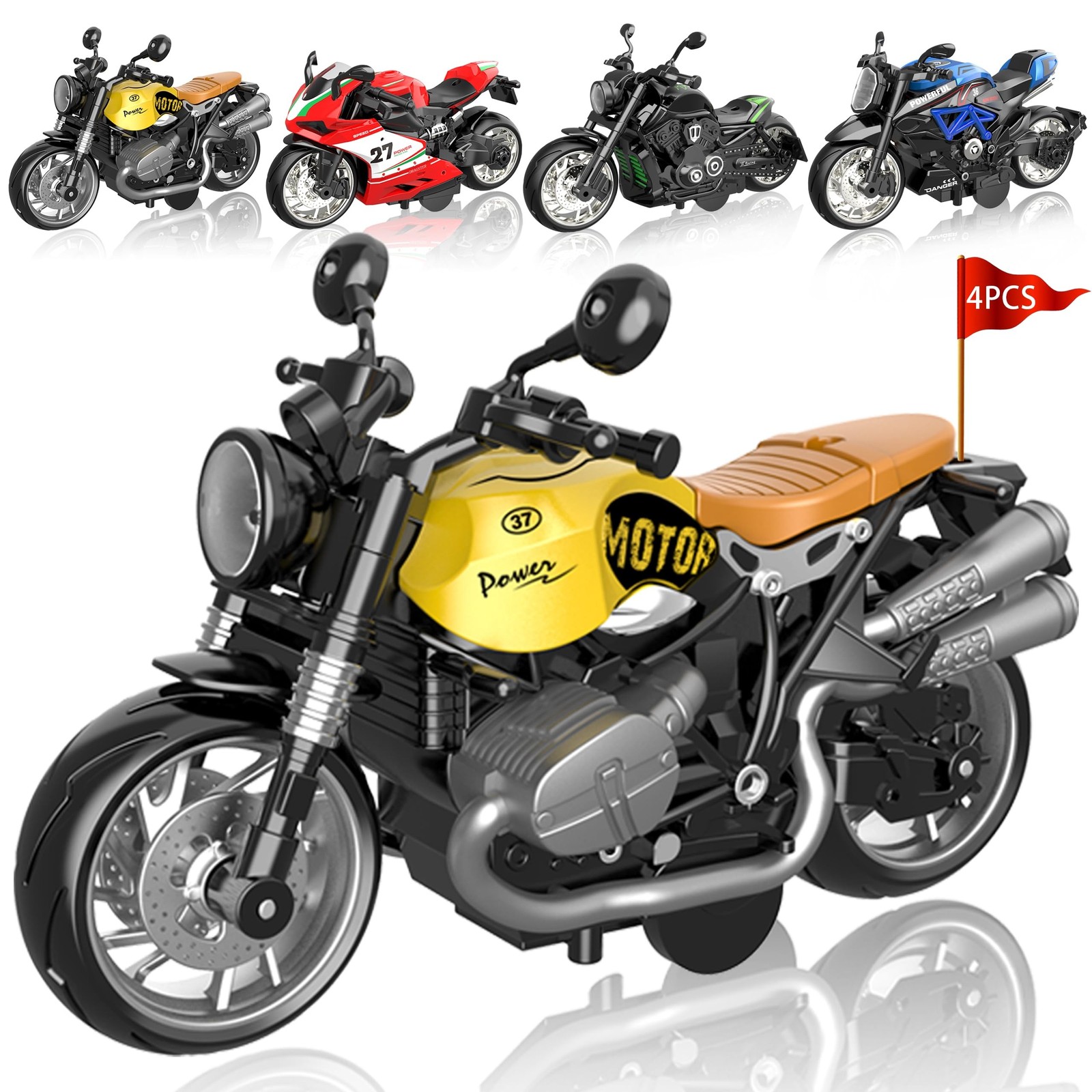 4-Pack Pull-Back Motorcycle Toys – Friction Powered Kids Toy Cars with Lights…