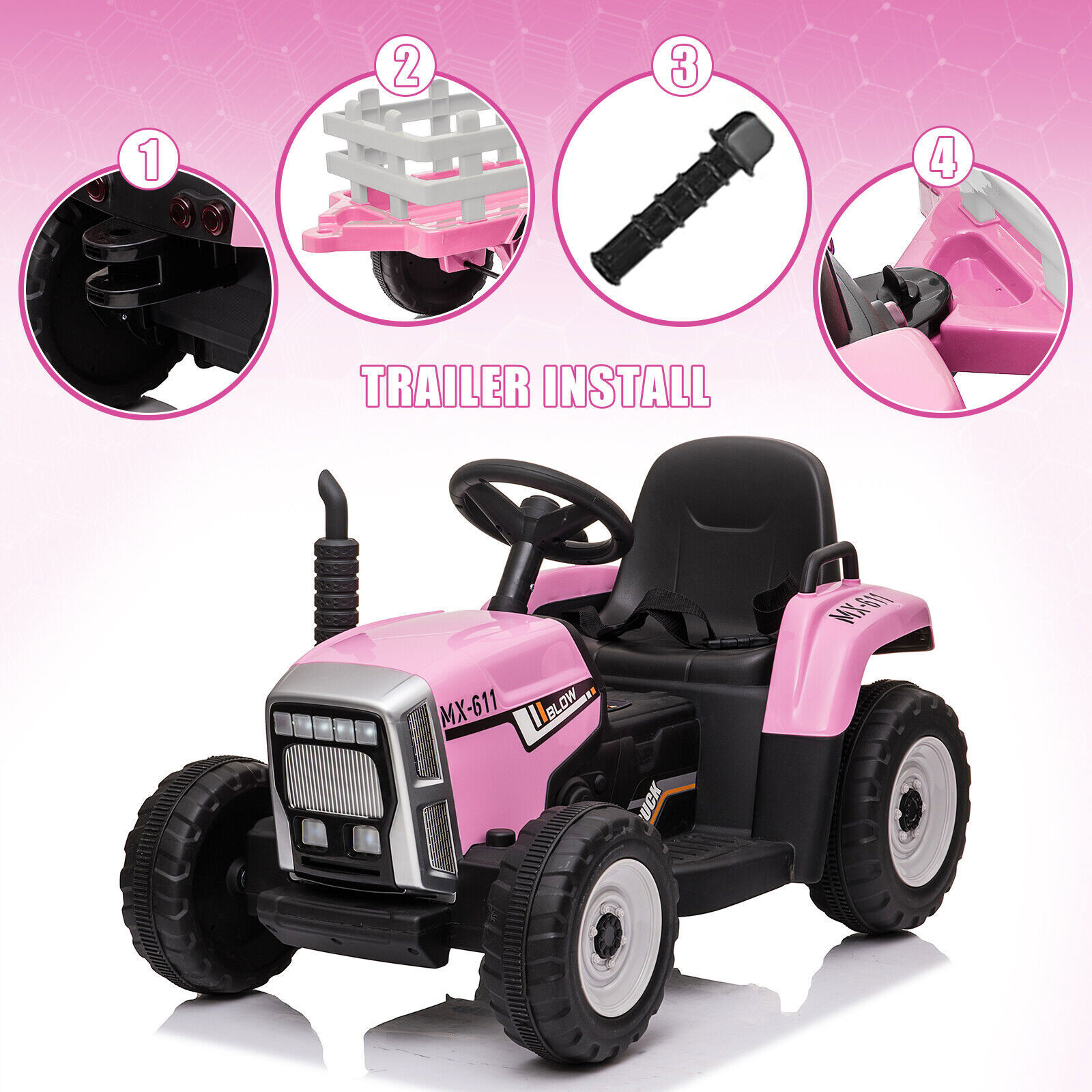 12V Kids Electric Tractor with Trailer Toddler Ride On Car w/ Remote Control