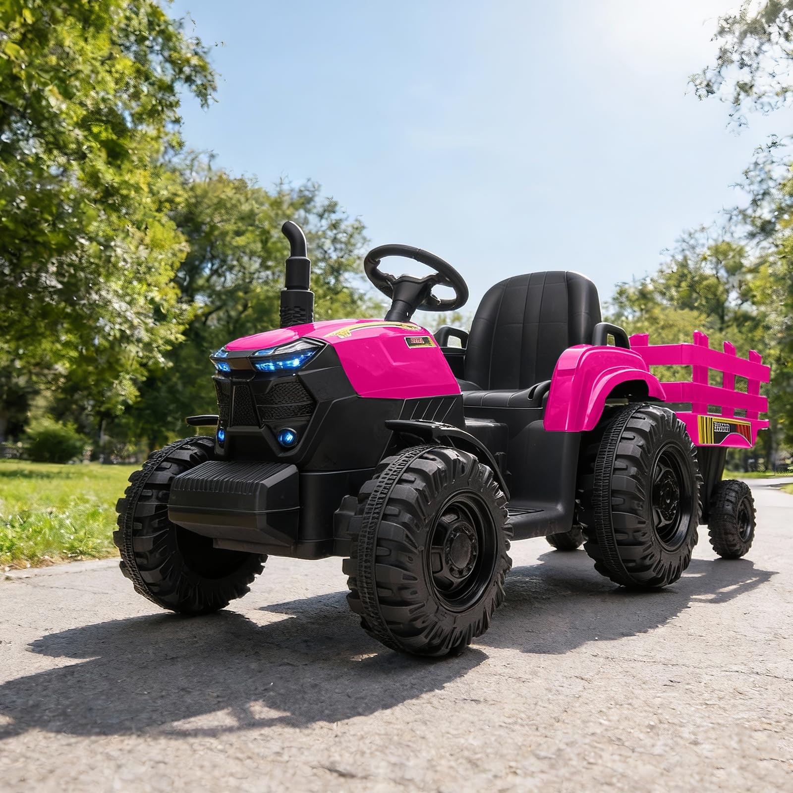 12V Electric Tractor with Detachable Trailer, Toddler Ride On Car/7-LED Headligh