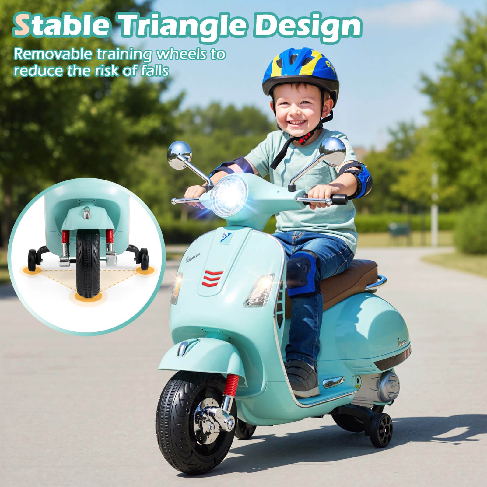 Licensed VESPA 12V Kids Electric Motorcycle w/Music Horn Story Training Wheels