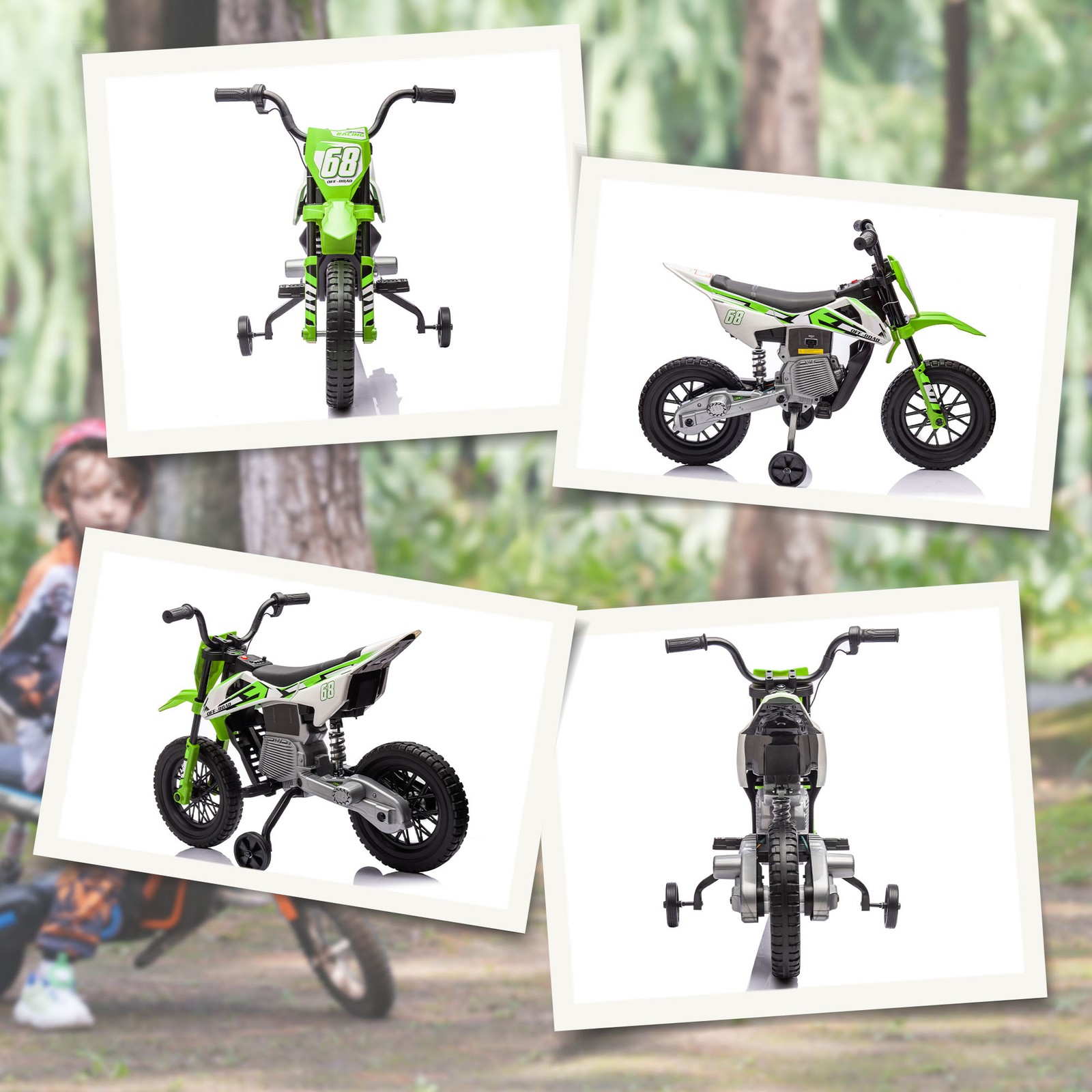 12V Kids Motorcycle W/ Twist Grip Throttle, Rear Suspension, Green