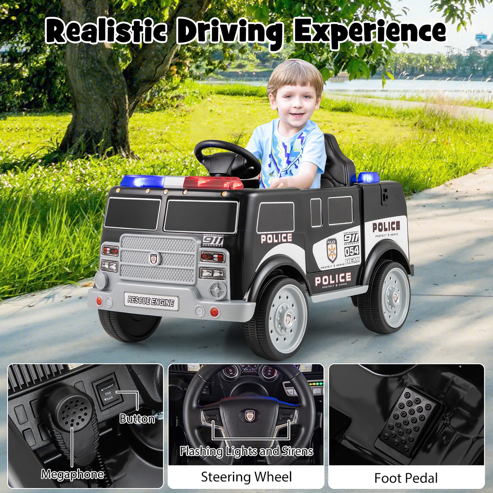 Kids Ride on Police Car w/ 3 Speeds Megaphone Music FM Radio Flashing Lights