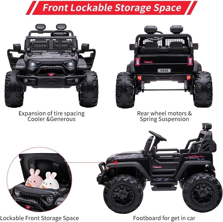 2-Seater Kids Electric Car, Remote Control, 20″ Seats, FM Radio – Black
