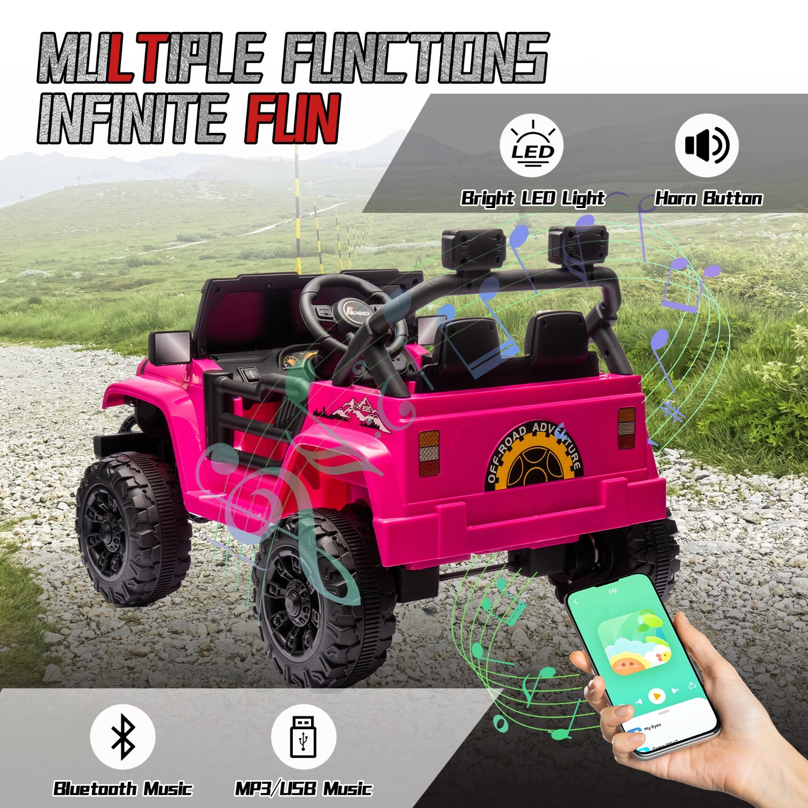 12V Ride On Toys UTV Electric Car for Kids w/Remote, LED,Battery Powered,Pink