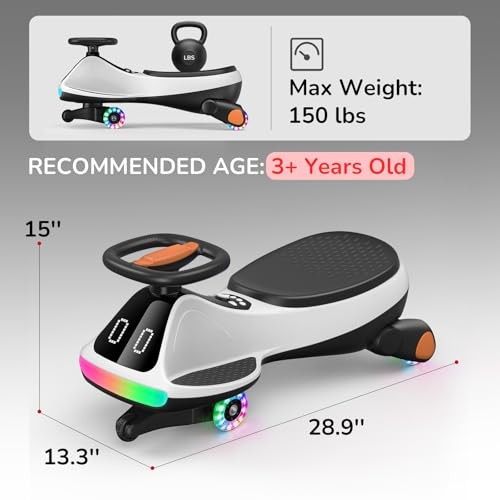 Black White 12V Electric Wiggle Car for Kids with Pedal & Display – Rechargeable