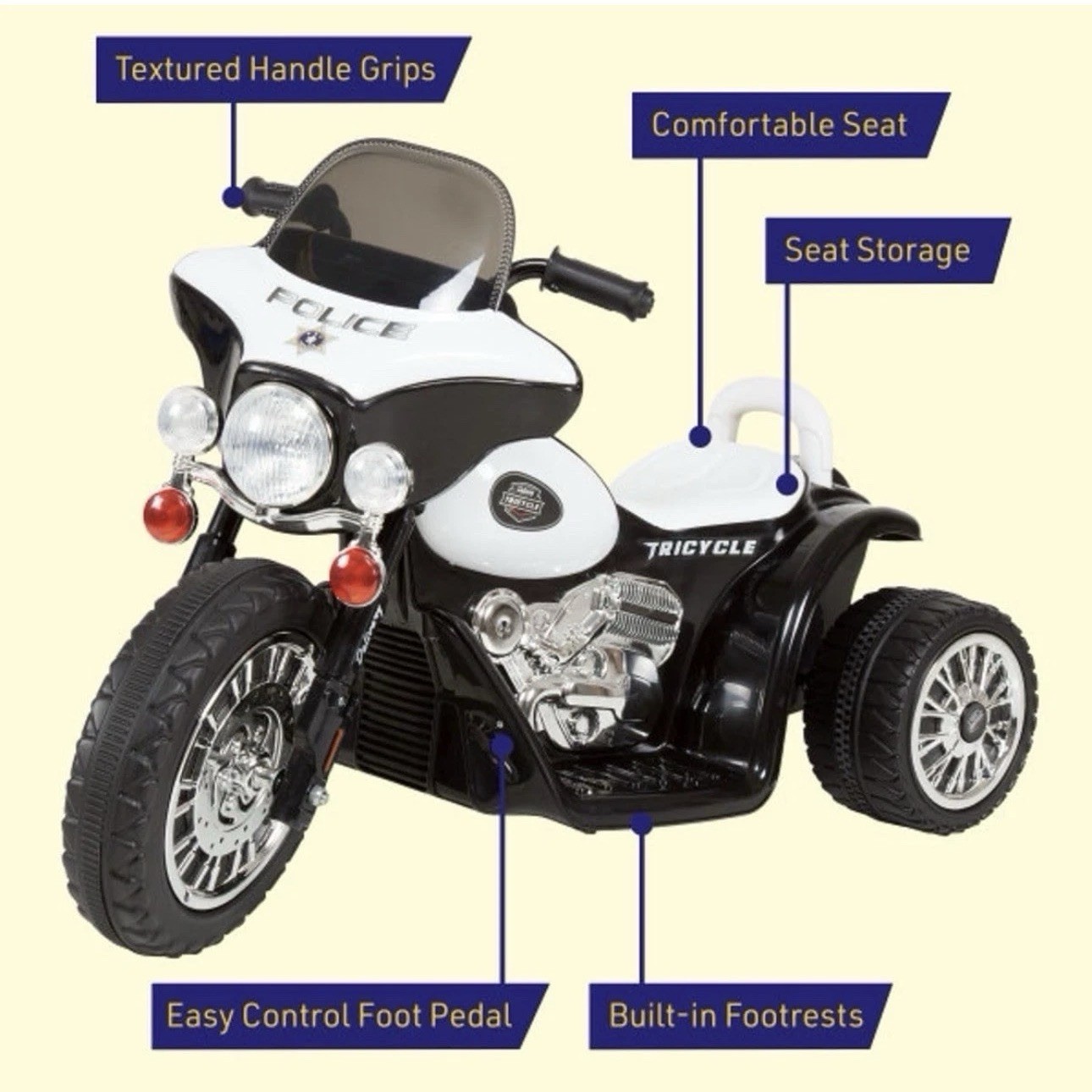 Kids Motorcycle – 3-Wheel Ride Police Decals &Headlights – 6V Electric (Black)