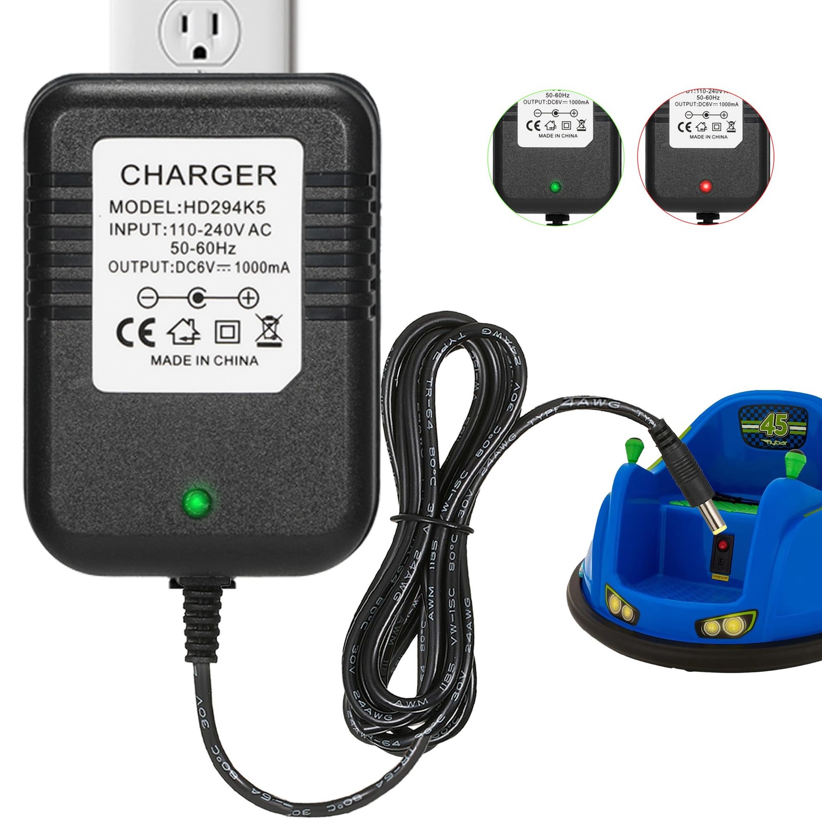 6 Volt Charger for Flybar/Kidzone Bumper Car，Replacement Chargers for Kids Ride