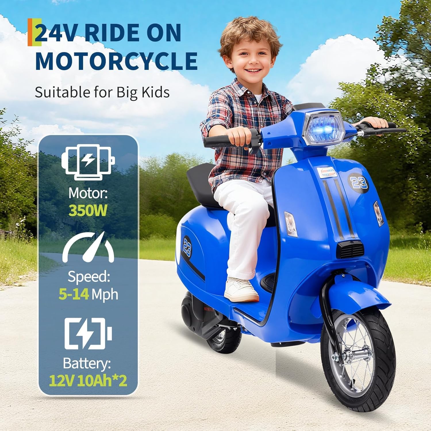 Electric Kids Motorcycle 24V, 350W Motor, Waterproof,12″ Pneumatic Tires,Ages 8+