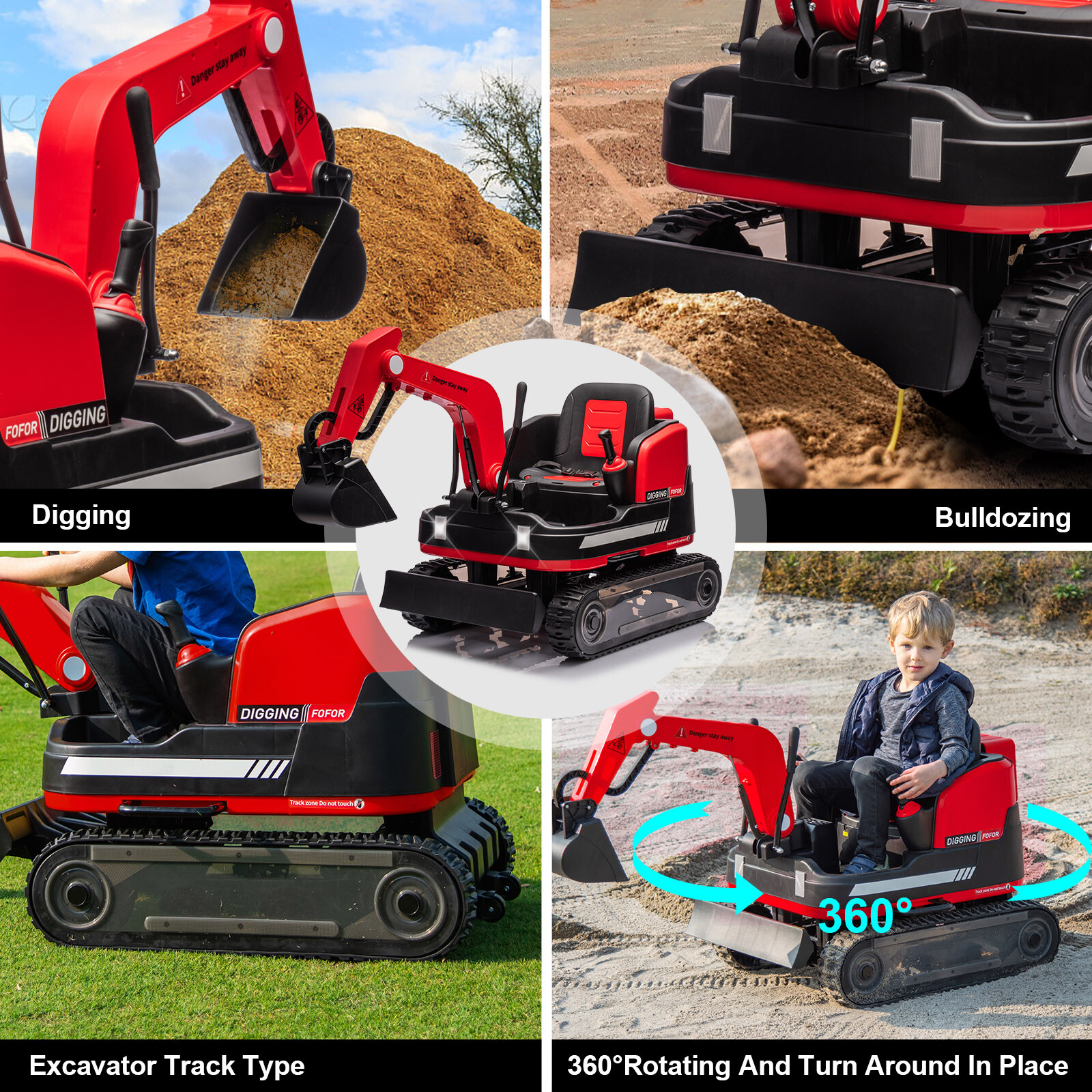 2IN1 12V 360° Kids Red Ride on Traxcavator Excavator Toys with Remote Control