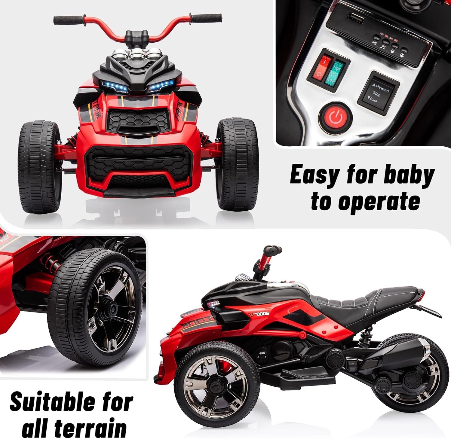 12V Electric 3-Wheel Kids ATV,Battery Ride-On Truck with Lights, USB, 7MPH Speed