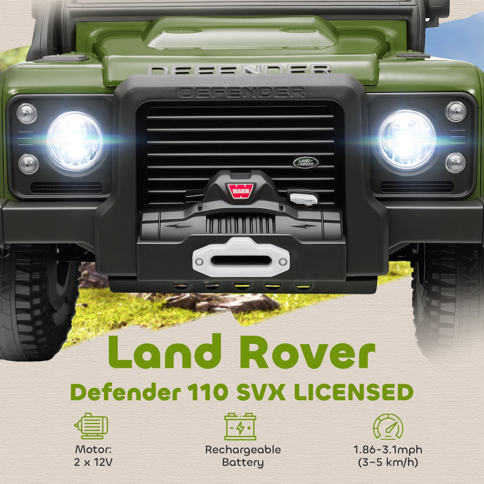 Kids Electric Car, Land Rover Licensed Off-Road Ride On Car, Green