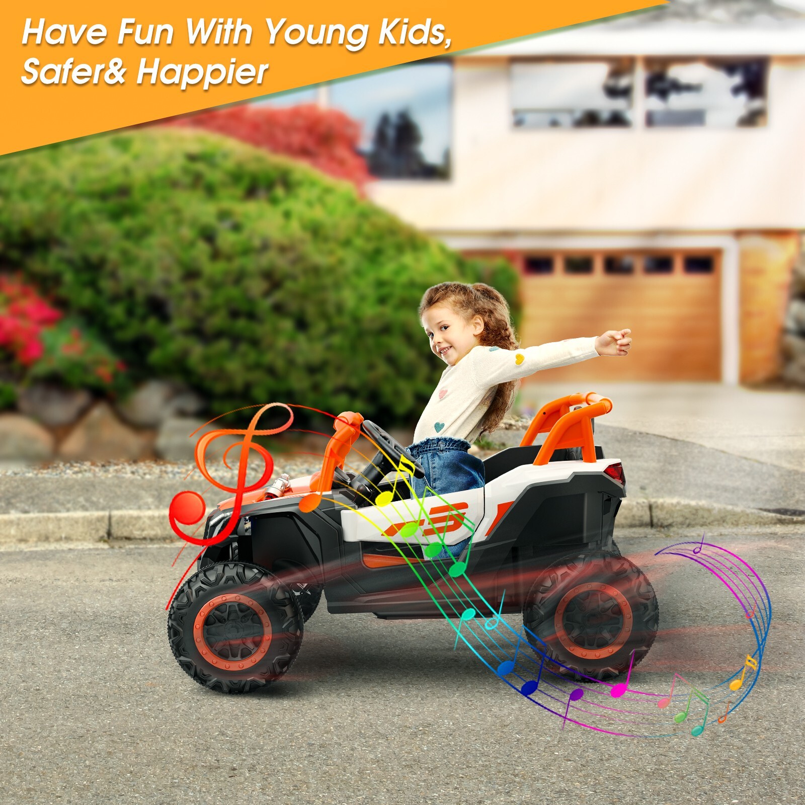 24V children’s ride with remote control, 2-seater toy UTV, Bluetooth, LED lights