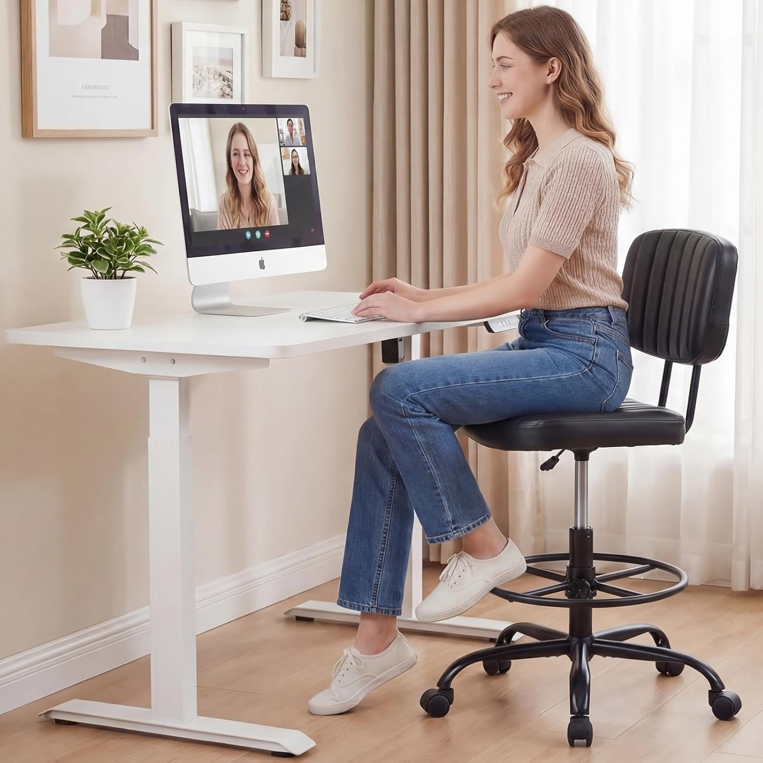 Armless Drafting Chair, Low Back Office Seat with Adjustable Footrest Ring for S